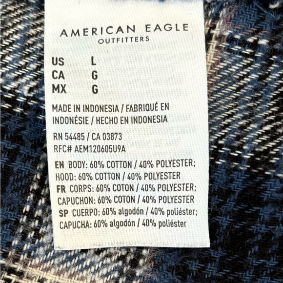 AMERICAN EAGLE PLAID FLANNEL HOODED BUTTON LONG SLEEVE SHIRT, SIZE L - Picture 9 of 9